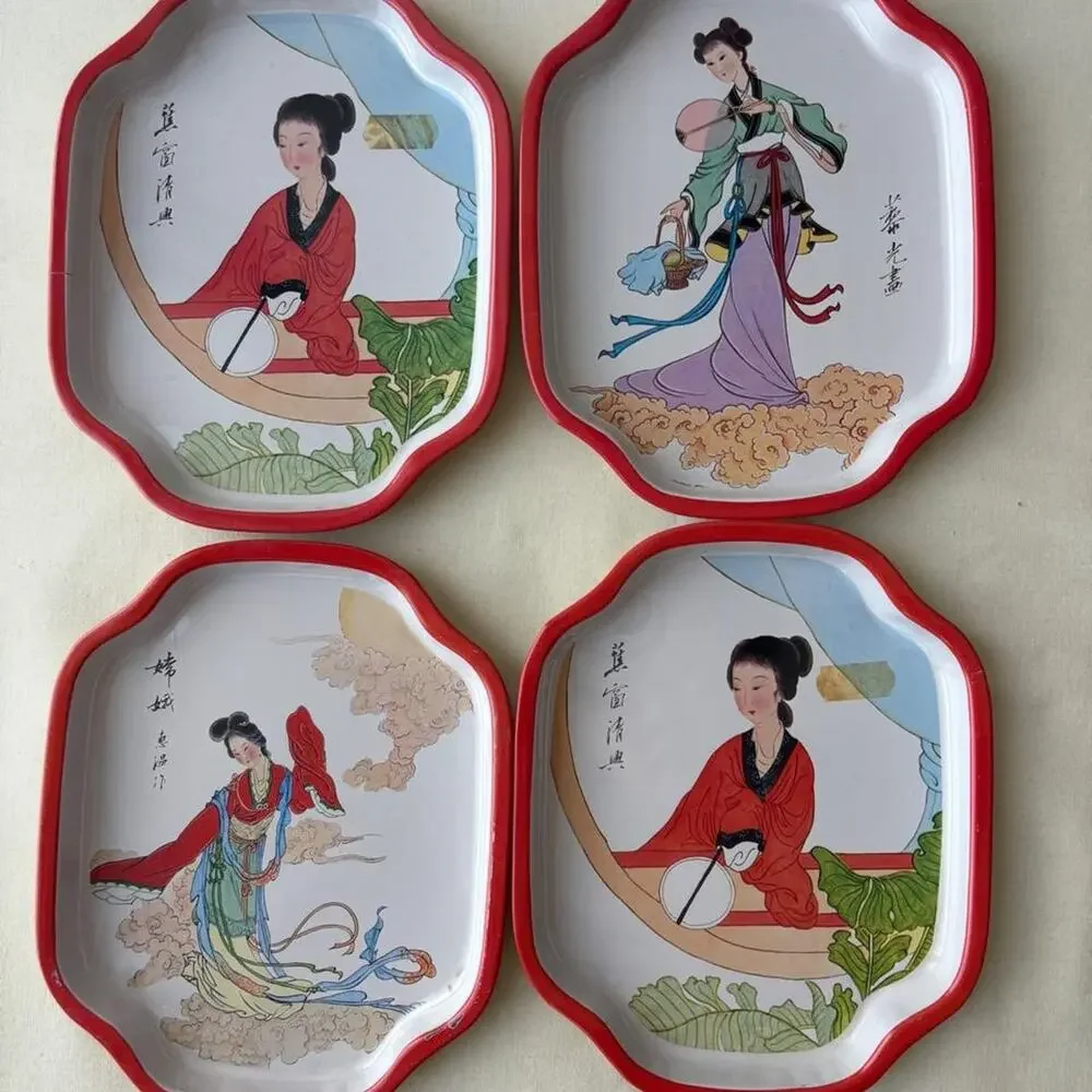 Four vintage chinese illustration metal plates - set of 4